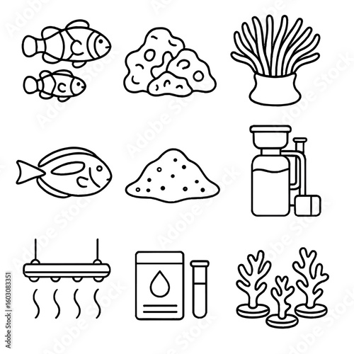 Marine Aquarium Icons. Line style icons of marine aquariums: clownfish pair, live rock, anemone, blue tang, marine sand, protein