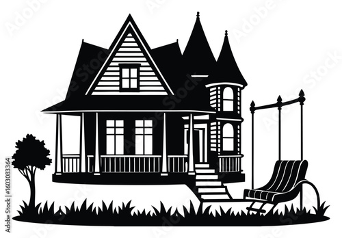 Silhouette of Victorian house with turret porch swing and charming yard evokes feelings of nostalgia and simple living