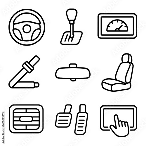 Vehicle Interior Icons. Line style icons of vehicle interior elements: steering wheel, gear shift, dashboard display, seat belt,