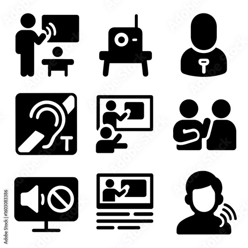 Hearing Inclusion Icons. Solid style icons of school hearing inclusion: classroom speaker icon, desk FM receiver, teacher