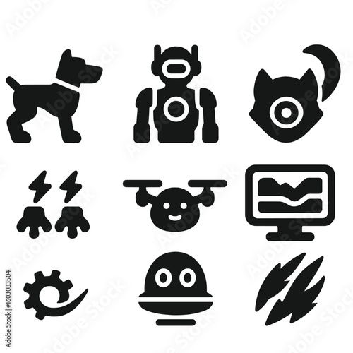 Sci-Fi Robot Pets. Solid style icons of sci-fi and robot pets: mechanical dog icon, android pet frame, glowing eye pet, gear tail