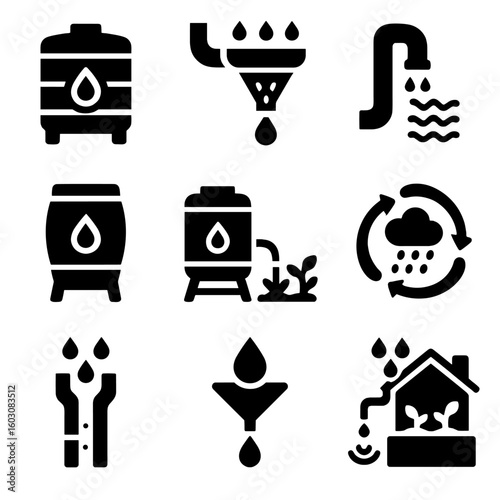 Urban Rainwater Icons. Solid style icons of rainwater use in urban farms: rainwater tank icon, gutter filter symbol, overflow