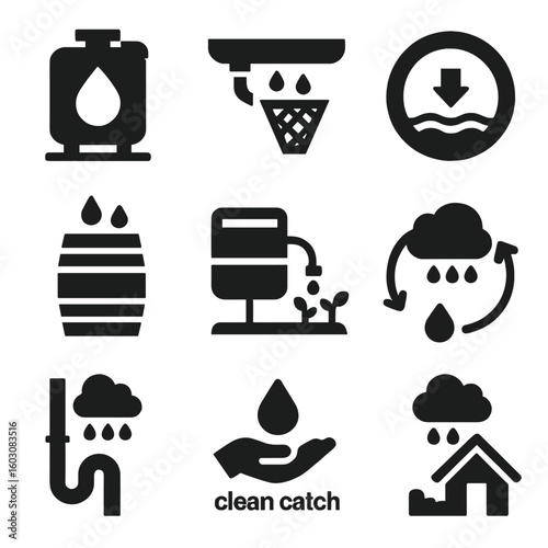 Urban Rainwater Icons. Solid style icons of rainwater use in urban farms: rainwater tank icon, gutter filter symbol, overflow