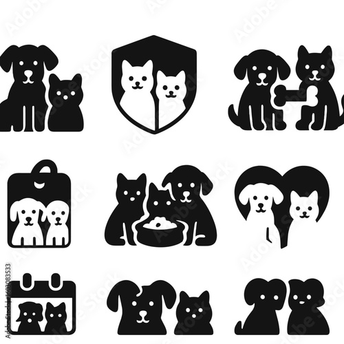 Pet Interaction Icons. Solid style icons of multi-pet interaction: pet family icon, sibling pet badge, group care circle, shared