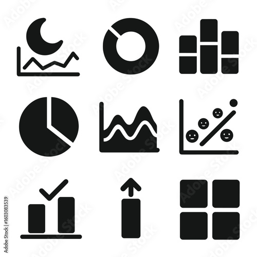 Sleep Data Icons. Solid style icons of data visualization for sleep: night graph line, donut chart sleep phase, stacked bar rest