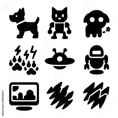 Sci-Fi Robot Pets. Solid style icons of sci-fi and robot pets: mechanical dog icon, android pet frame, glowing eye pet, gear tail