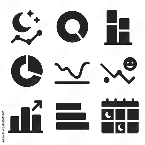 Sleep Data Icons. Solid style icons of data visualization for sleep: night graph line, donut chart sleep phase, stacked bar rest