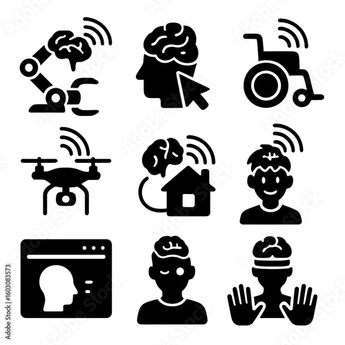 Mind-Controlled Device Icons. Solid style icons of mind-controlled devices: robotic arm icon with brain control, cursor move with
