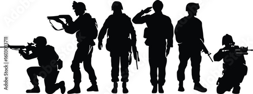 Set of Military Soldier Silhouettes in Various Poses, Including Saluting, Standing, and Aiming Rifles, Ideal for Patriotic Themes, Veteran's Day, and Defense Concepts, Black Vector Illustration