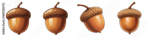Set of isolated acorns in various styles and sizes for autumn  
