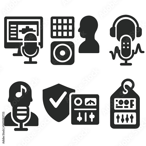 Music Podcast Icons. Solid style icons of music production podcasts: DAW screen with mic, beat making icon, producer voice icon,