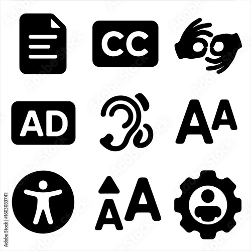 Podcast Accessibility Icons. Solid style icons of podcast accessibility tools: transcript document icon, subtitles icon, sign