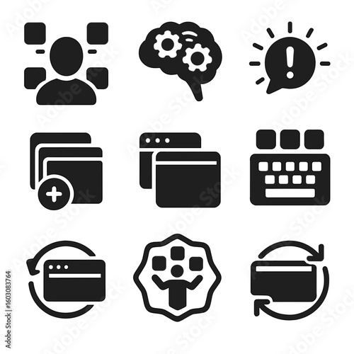 Multitasking Chaos Icons. Solid style icons of overload in multitasking: three-task overload icon, spinning wheels brain, alert