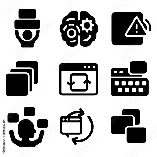 Multitasking Chaos Icons. Solid style icons of overload in multitasking: three-task overload icon, spinning wheels brain, alert