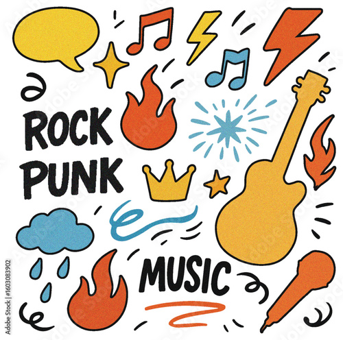 Vibrant hand-drawn rock and punk music elements with guitar and microphone