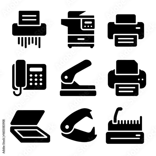Office Equipment Icons. Solid style icons of paper handling equipment: paper shredder, copier, printer, fax machine, hole puncher,
