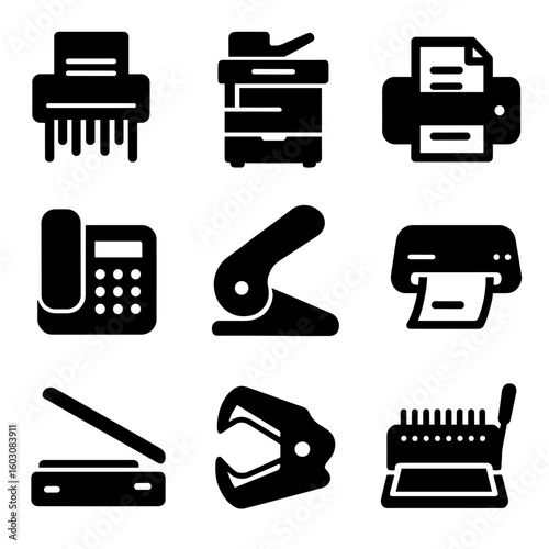 Office Equipment Icons. Solid style icons of paper handling equipment: paper shredder, copier, printer, fax machine, hole puncher,