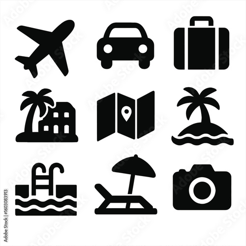 Travel Vacation Icons. Solid style icons of travel and vacation: airplane trip, road trip car, suitcase, summer resort, travel map