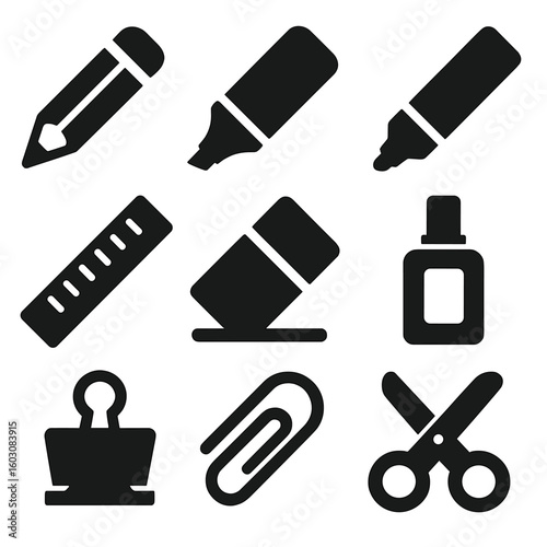 Stationery Icons Collection. Solid style icons of writing and stationery items: pencil, highlighter, permanent marker, ruler,