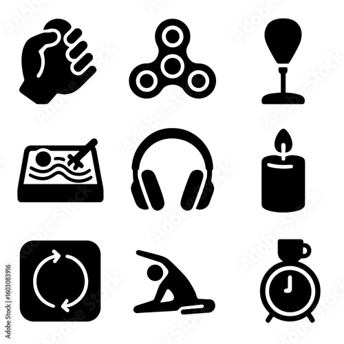 Office Stress Relief Items. Solid style icons of office stress relief items: stress ball, fidget spinner, mini Zen garden, desktop