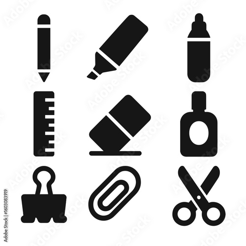 Stationery Icons Collection. Solid style icons of writing and stationery items: pencil, highlighter, permanent marker, ruler,