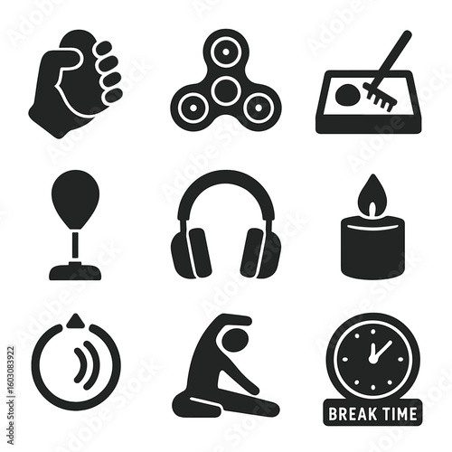 Office Stress Relief Items. Solid style icons of office stress relief items: stress ball, fidget spinner, mini Zen garden, desktop