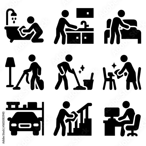 Room Cleaning Icons. Solid style icons of room-specific cleaning: bathroom scrub, kitchen counter wipe, bedroom tidy, living room