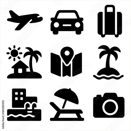 Travel Vacation Icons. Solid style icons of travel and vacation: airplane trip, road trip car, suitcase, summer resort, travel map