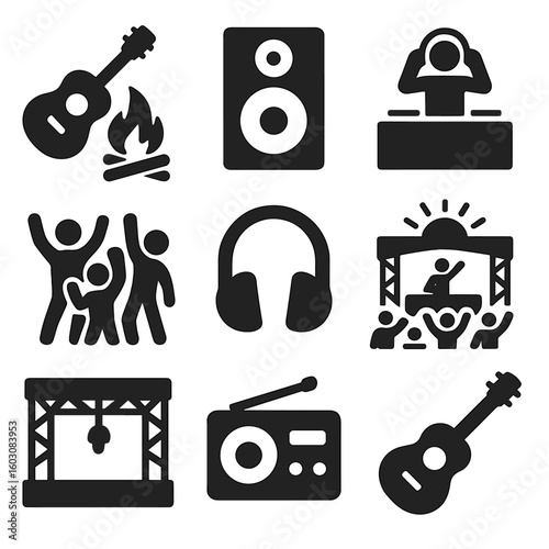 Summer Music Icons. Solid style icons of summer music and entertainment: guitar by fire, outdoor speaker, DJ booth, dancing crowd,