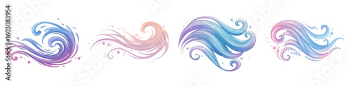 Set of isolated gusts of wind in pastel colors and smooth style  