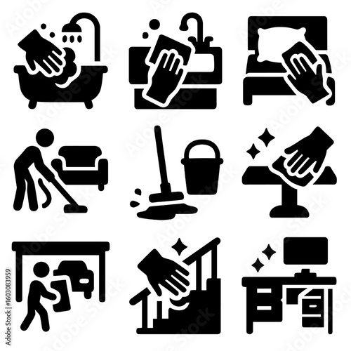 Room Cleaning Icons. Solid style icons of room-specific cleaning: bathroom scrub, kitchen counter wipe, bedroom tidy, living room