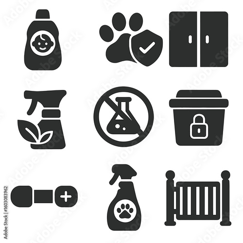 Child and Pet Safety Icons. Solid style icons of child and pet-safe cleaning: baby-safe product, pet paw with shield, safety lock