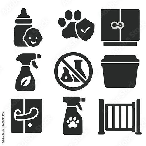 Child and Pet Safety Icons. Solid style icons of child and pet-safe cleaning: baby-safe product, pet paw with shield, safety lock
