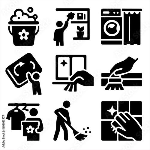 Seasonal Cleaning Icons. Solid style icons of seasonal and deep cleaning: spring cleaning bucket, high shelf dusting, curtain