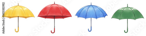 Set of isolated colorful umbrellas in yellow, red, blue, and green  