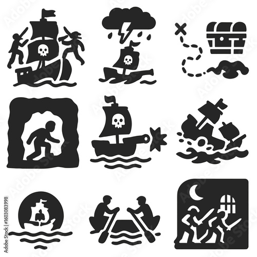 Pirate Adventure Icons. Solid style icons of pirate sea adventures: boarding enemy ship, escaping storm, treasure hunt path,