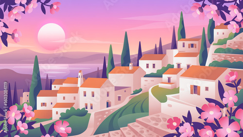 Wallpaper Mural A stylized digital illustration of a Mediterranean hillside village at sunset Torontodigital.ca