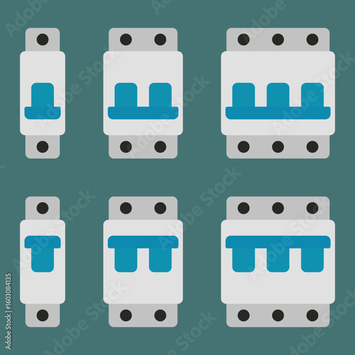 Circuit breaker vector icon set. Minimalist molded case switches for electrical schematics, smart panel designs and electrician apps
