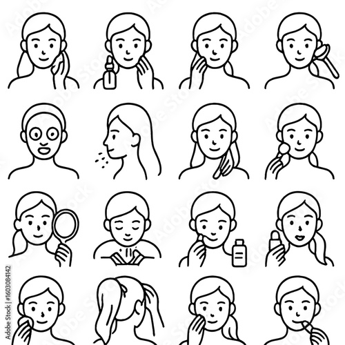 Beauty Routine Icons. Line style icons of beauty routine steps: cleansing face, applying serum, patting cream, using roller,