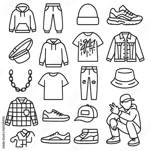 Street Style Icons. Line style icons of street fashion: hoodie, baggy pants, beanie, chunky sneakers, crossbody bag, layered