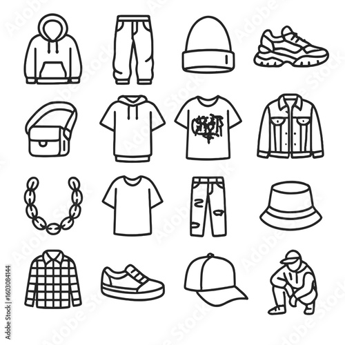 Street Style Icons. Line style icons of street fashion: hoodie, baggy pants, beanie, chunky sneakers, crossbody bag, layered