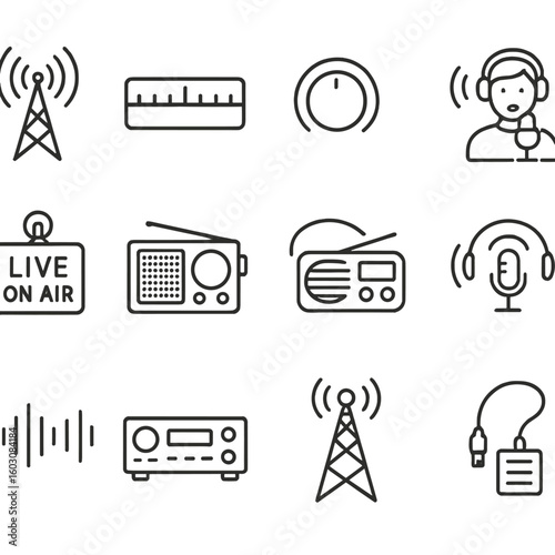 Radio Broadcasting Icons. Line style icons of radio and broadcasting: radio antenna, FM dial, tuning knob, signal waves, radio