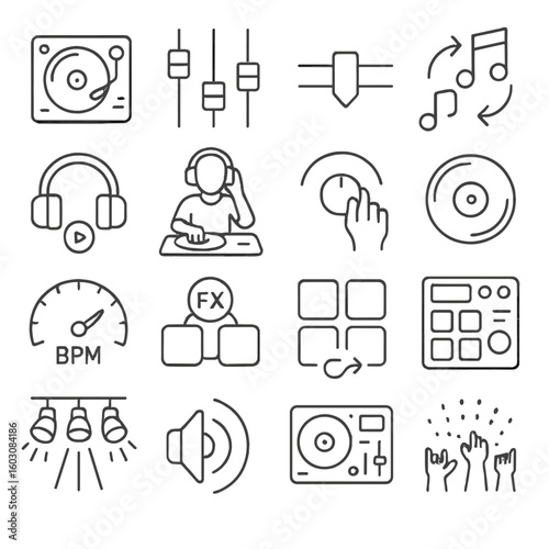 DJ Gear Icons. Line style icons of DJ and mixing: turntable, mixer sliders, crossfader, beat sync, headphone cue, DJ hands, tempo