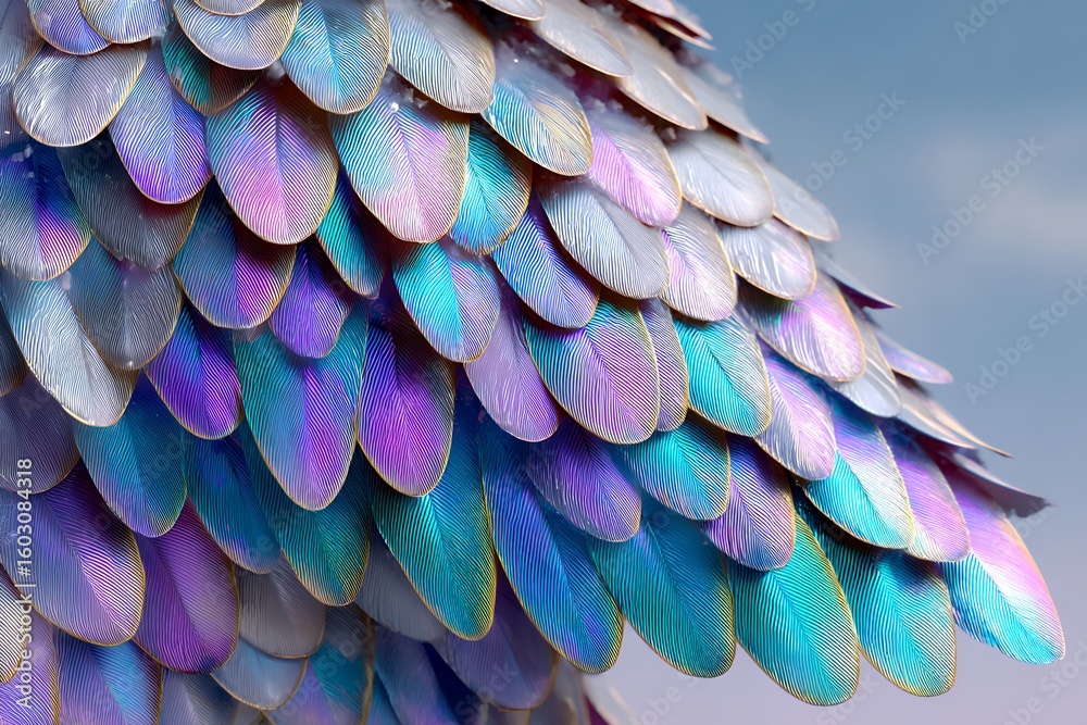 Obraz premium Close-up of iridescent bird feathers in vivid colors and patterns