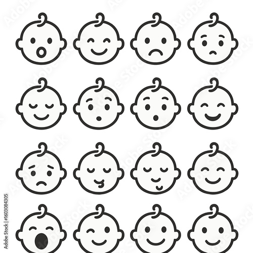Baby Expression Icons. Line style icons of baby expressions: open mouth, smile, frown, pout, sleepy eyes, raised eyebrows, curious