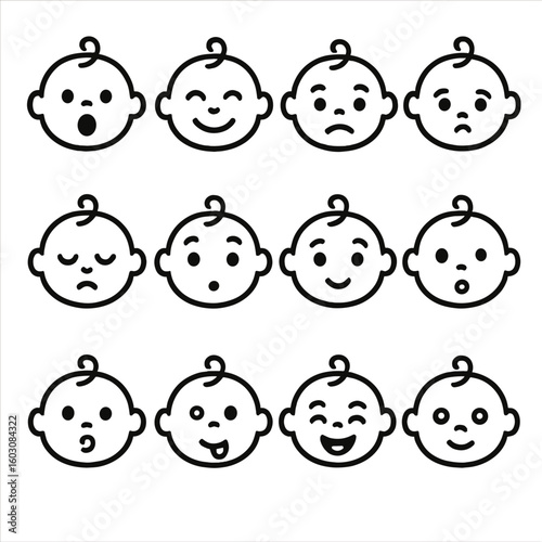 Baby Expression Icons. Line style icons of baby expressions: open mouth, smile, frown, pout, sleepy eyes, raised eyebrows, curious