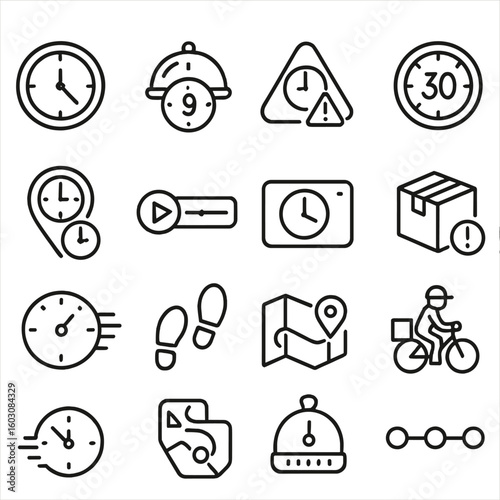 Delivery Tracking Icons. Line style icons of delivery time tracking: time estimate, clock with food, countdown icon, arrival alert