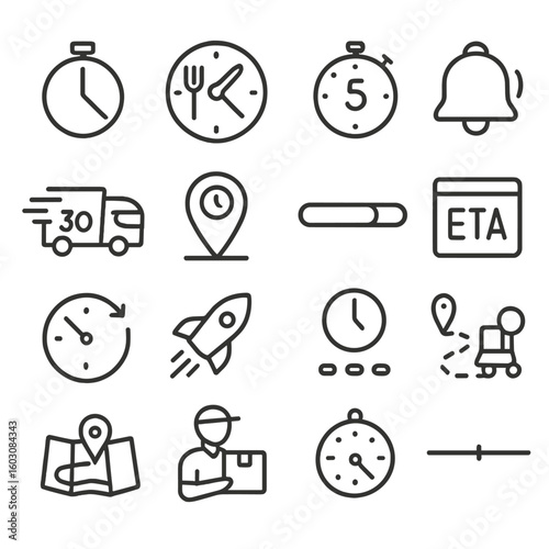 Delivery Tracking Icons. Line style icons of delivery time tracking: time estimate, clock with food, countdown icon, arrival alert