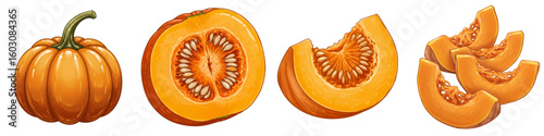 Isolated set of pumpkins in orange color with different cuts  