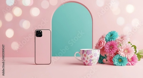A stylish pink smartphone sits next to a decorative mug and a vibrant bouquet of flowers on a soft pink surface